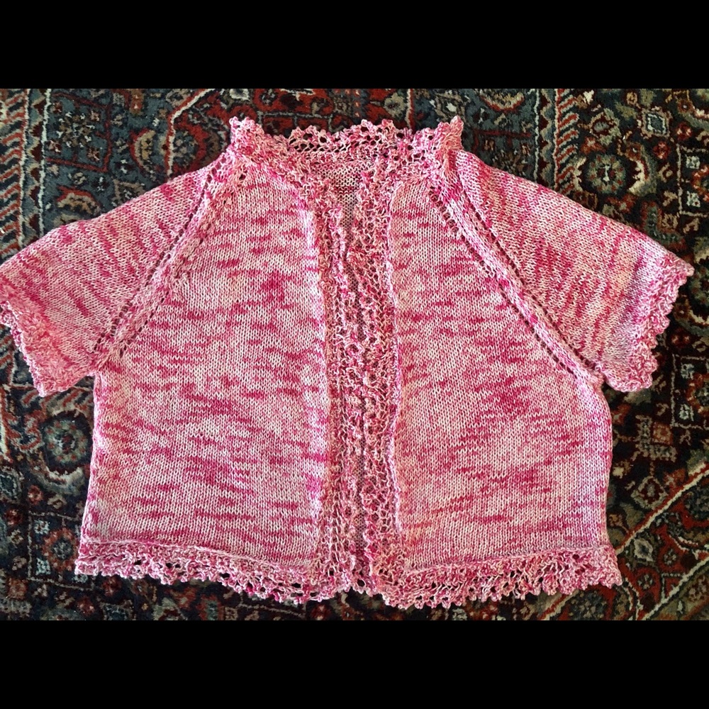 Hand Knit Shrug Softest Organic Cotton Candy Pink White One Size Fits Most